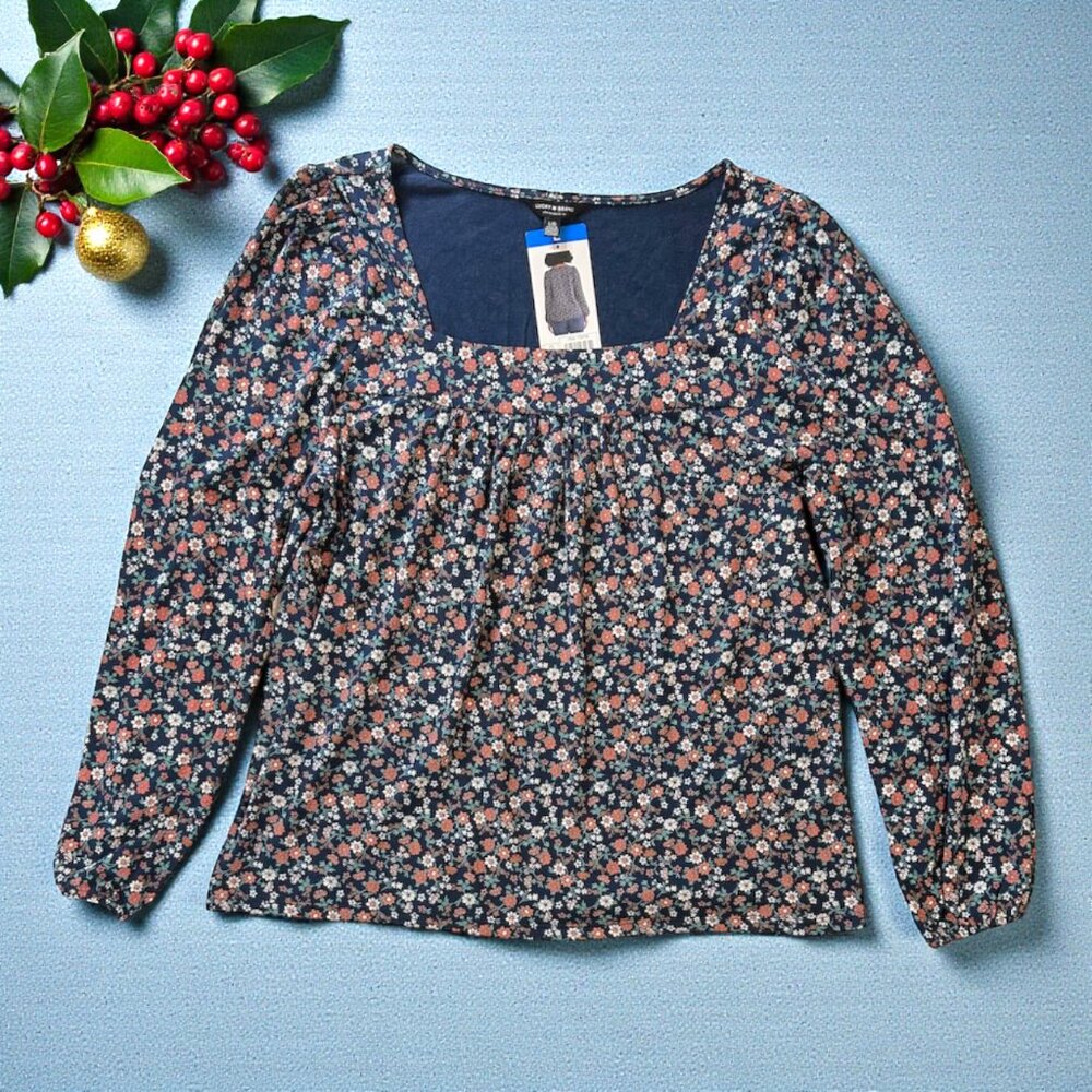 Lucky Brand navy floral blouse w square neckline NWT